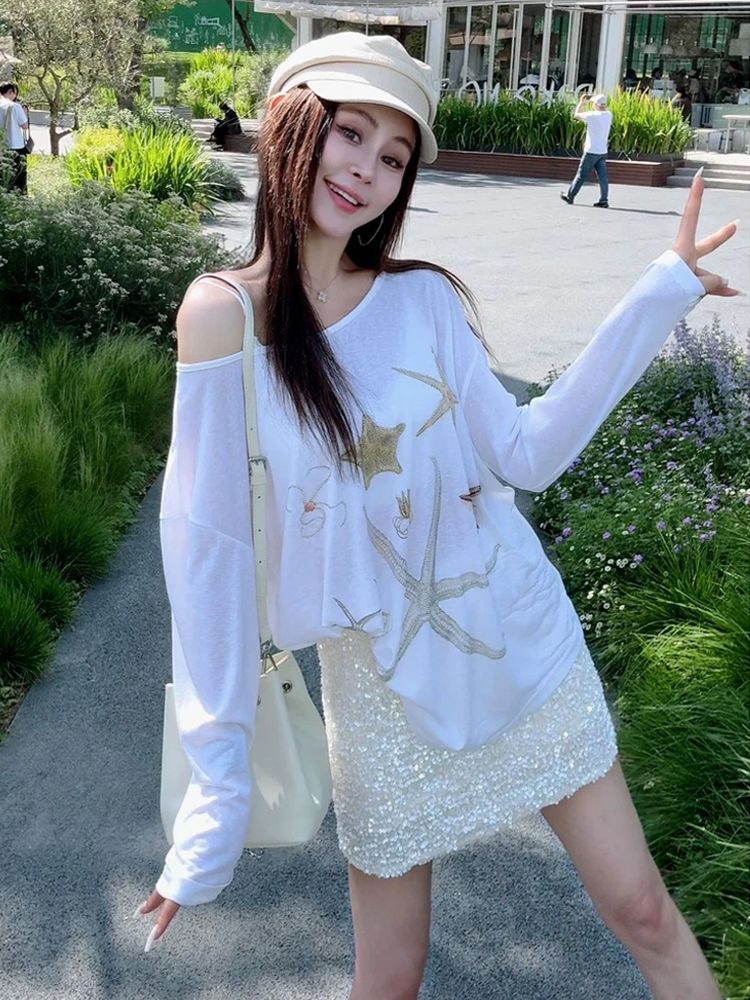 White Snowflake Rhinestone Print Off-Shoulder Long-Sleeve T-Shirt Women Summer Thin Sun Protection Top - Image 4