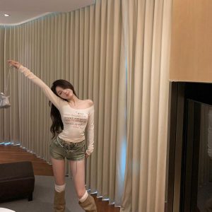 Women's Slim Fit Long Sleeve Top in Beige Apricot