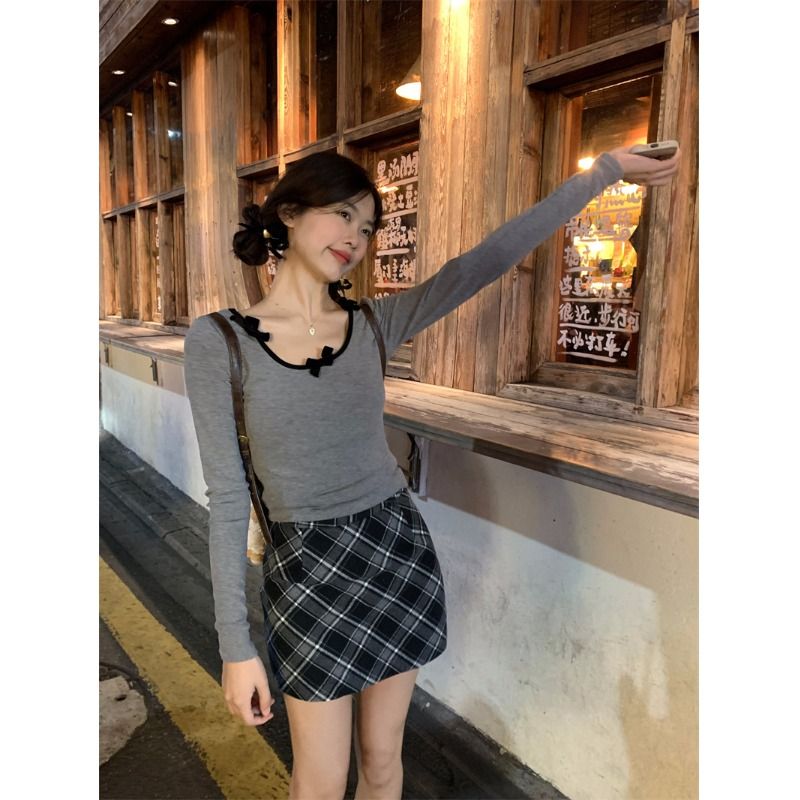 Women's Bow Long Sleeve T-Shirt German Velvet Fabric Slim Fit Short Length Base Layer Top - Image 2