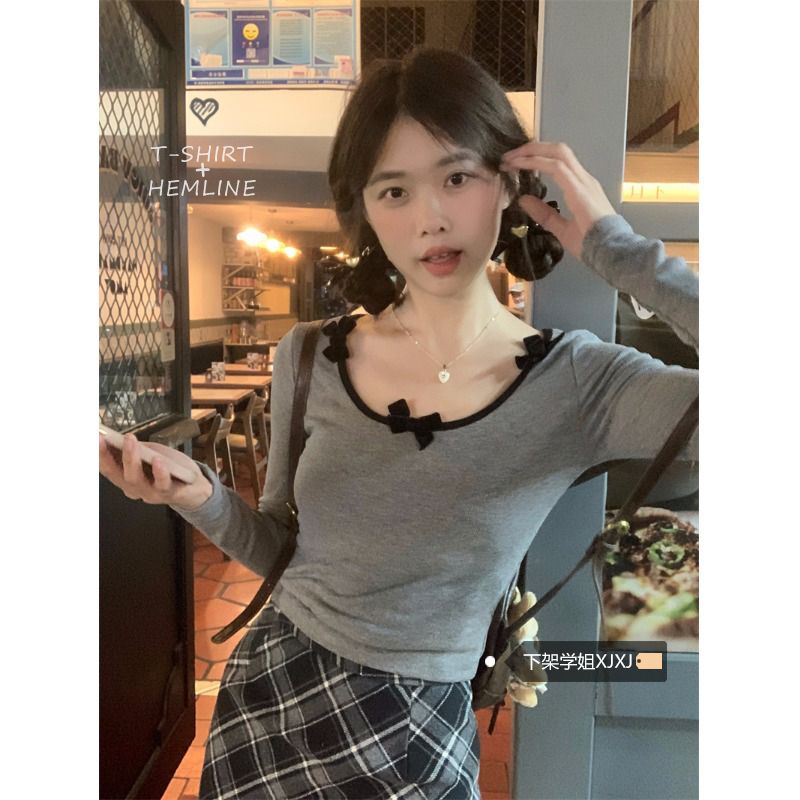 Women's Bow Long Sleeve T-Shirt German Velvet Fabric Slim Fit Short Length Base Layer Top - Image 4