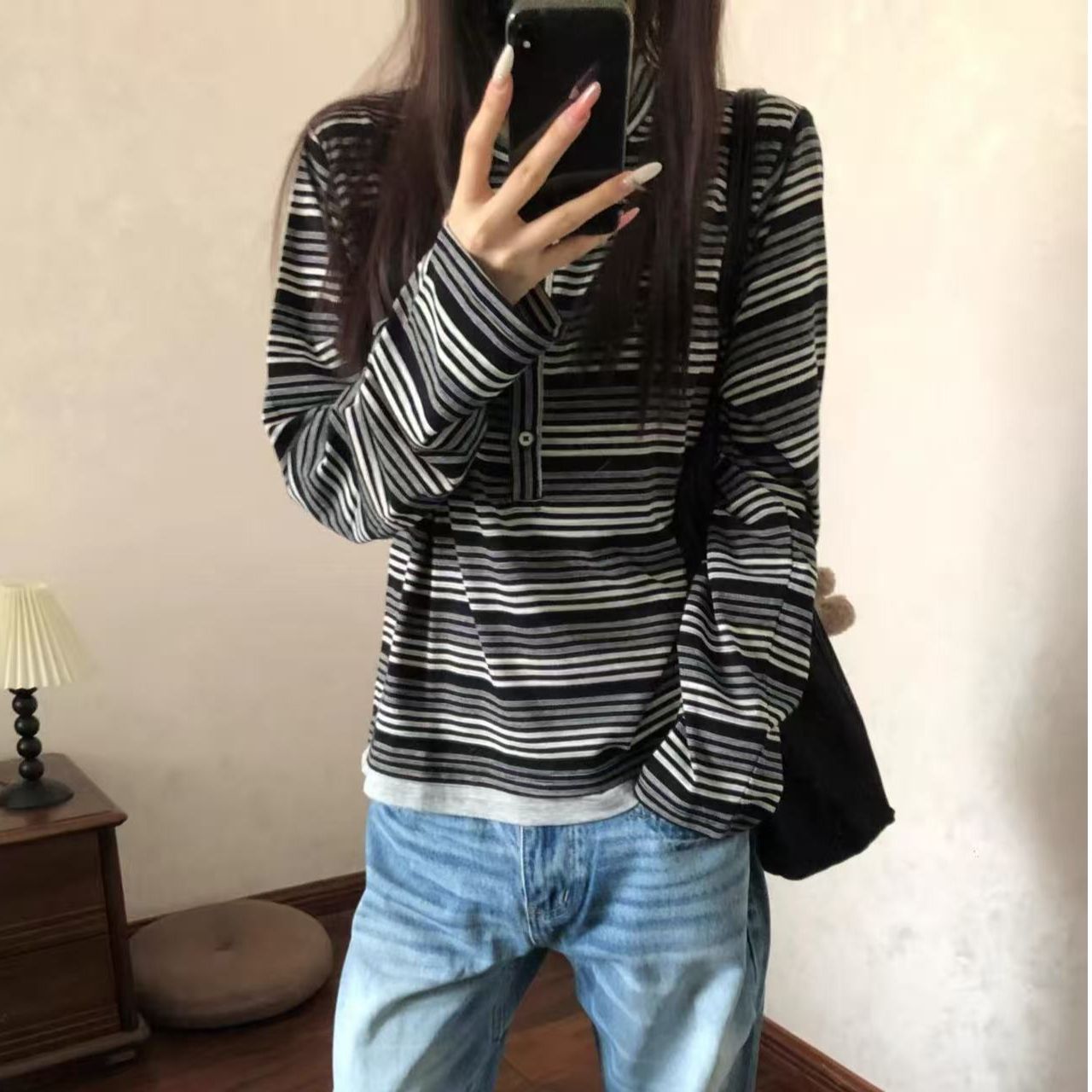 Korean Retro Striped Faux-Layer Long-Sleeve T-Shirt for Women 2026 Winter New Youthful Pure Allure Drape - Image 4