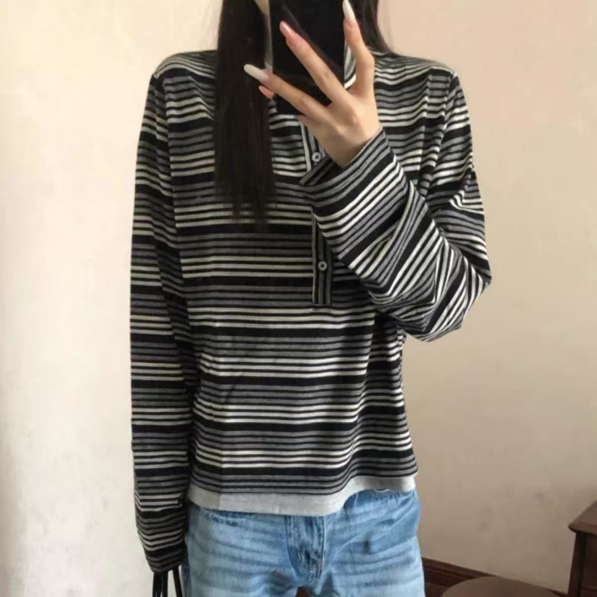 Korean Retro Striped Faux-Layer Long-Sleeve T-Shirt for Women 2026 Winter New Youthful Pure Allure Drape - Image 2