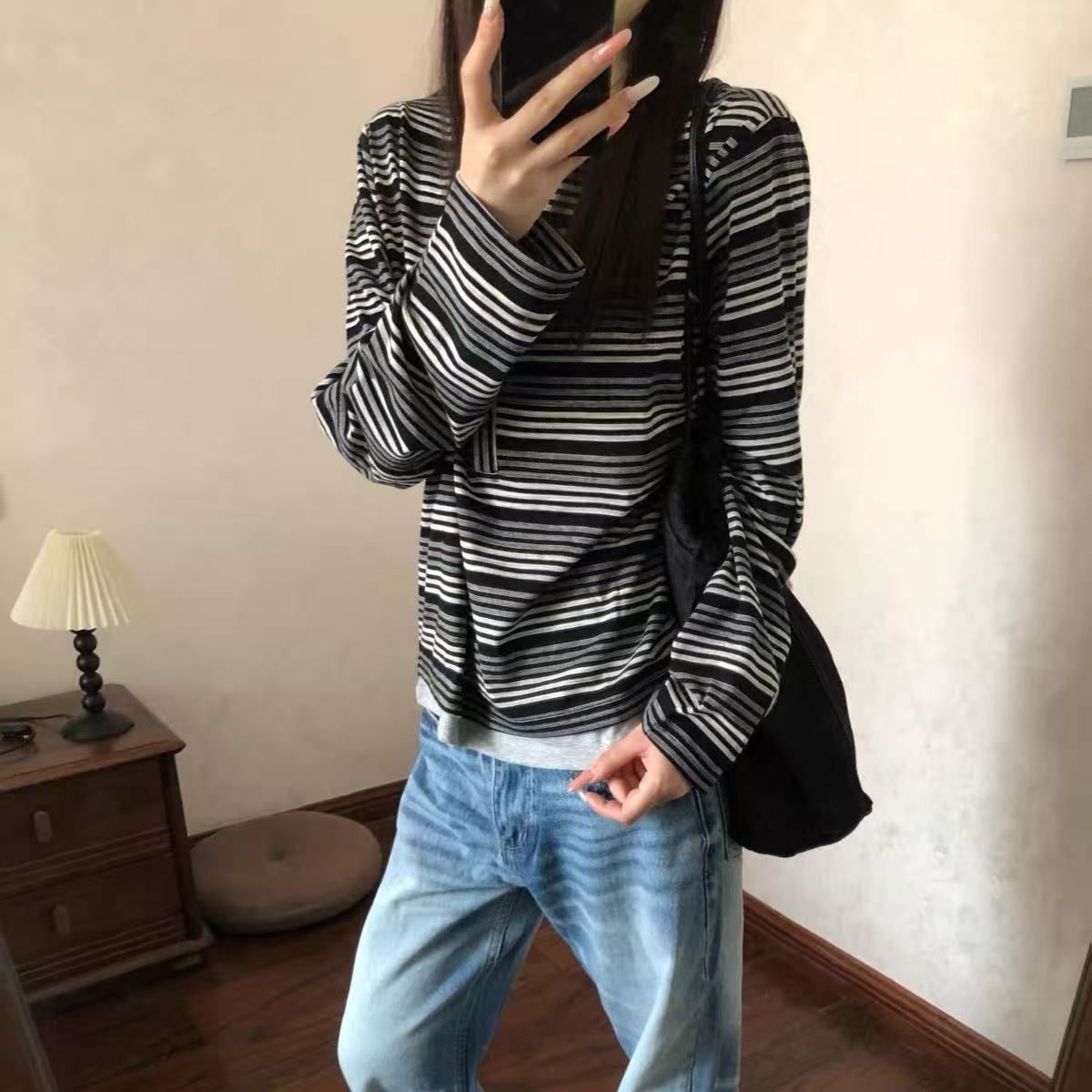 Korean Retro Striped Faux-Layer Long-Sleeve T-Shirt for Women 2026 Winter New Youthful Pure Allure Drape - Image 3