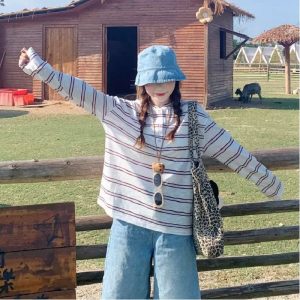 Lightweight Lazy Colorblock Striped Long Sleeve T-Shirt Women Spring Autumn Niche Versatile Loose Casual Drape Sun Protection Top